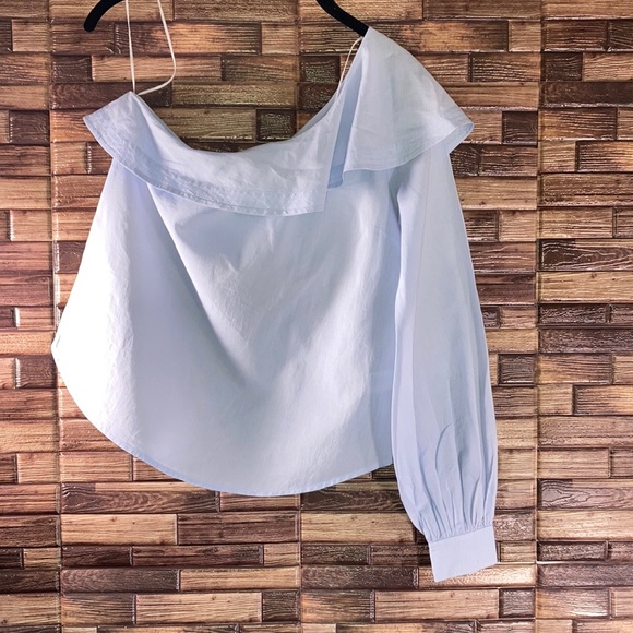 ALC BRIELLE Blue Poplin One Sleeve Ruffle Top Size 2 - Picture 4 of 13